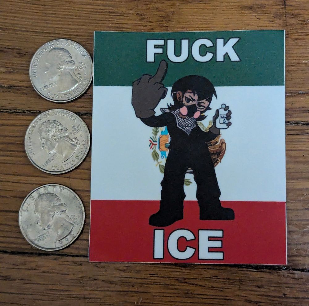 The previous image on a rectangular sticker next to three quarters for size reference on a wood floor