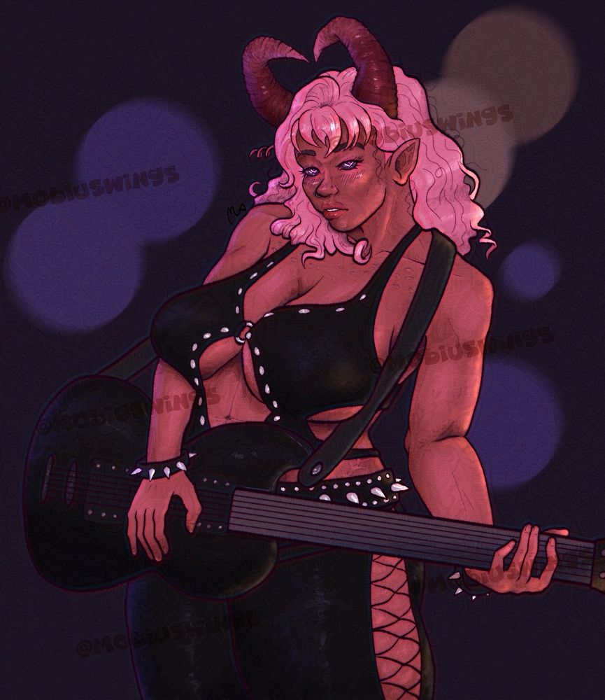 A pink tiefling with pink eyes shaped like hearts, and reddish pink heart shaped horns with light pink tips. She leans back and holds a black electric guitar. She's wearing black leather pants with a slit along the side that has criss crossed strings up it, studded belts, and a studded leather top.