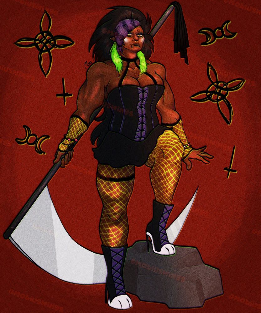 A tall muscular woman on a red background, she wears a black and purple corset and a black miniskirt, bright green fishnets on her forearms and legs, and purple and black high top converse heels with paw toes drawn on the shoe tips. She has big black fluffy hair with purple and black striped bags and two long green tufts coming from behind her ears down to her shoulders. She stands with one foot on a rock and holds a large scythe pointed down behind her with leather tassels hanging from the bottom of the handle