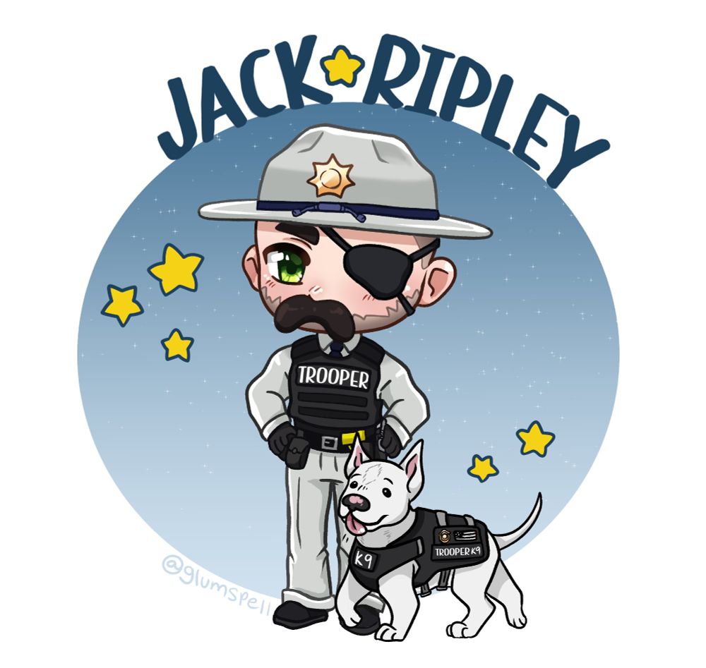 A chibi drawing of the character Jack Ripley from the Nopixel GTA 5 roleplay server. Jack is dressed in the Nopixel state trooper uniform and has an eyepatch over his left eye. His police K9 companion Zero also has a trooper vest on. 