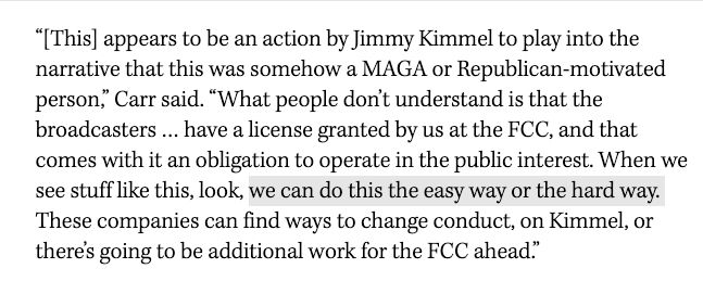 “[This] appears to be an action by Jimmy Kimmel to play into the narrative that this was somehow a MAGA or Republican-motivated person,” Carr said. “What people don’t understand is that the broadcasters … have a license granted by us at the FCC, and that comes with it an obligation to operate in the public interest. When we see stuff like this, look, we can do this the easy way or the hard way. These companies can find ways to change conduct, on Kimmel, or there’s going to be additional work for the FCC ahead
