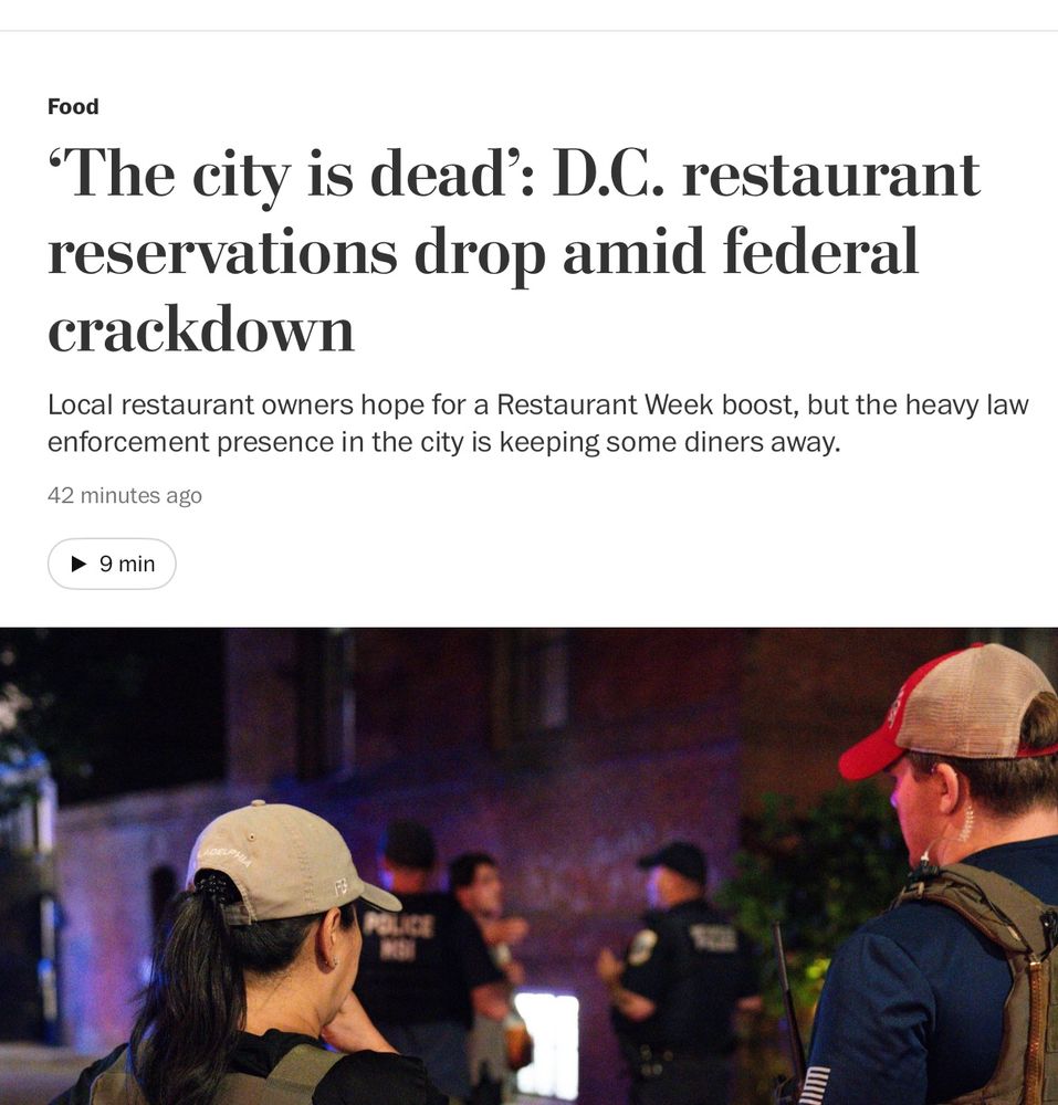 Food 'The city is dead': D.C. restaurant reservations drop amid federal crackdown Local restaurant owners hope for a Restaurant Week boost, but the heavy law enforcement presence in the city is keeping some diners away. 42 minutes ago • 9 min|