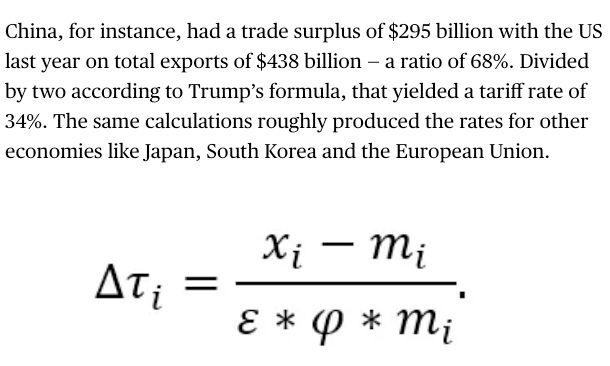 China, for instance, had a trade surplus of $295 billion with the US last year on total exports of $438 billion — a ratio of 68%. Divided by two according to Trump’s formula, that yielded a tariff rate of 34%. The same calculations roughly produced the rates for other economies like Japan, South Korea and the European Union.
