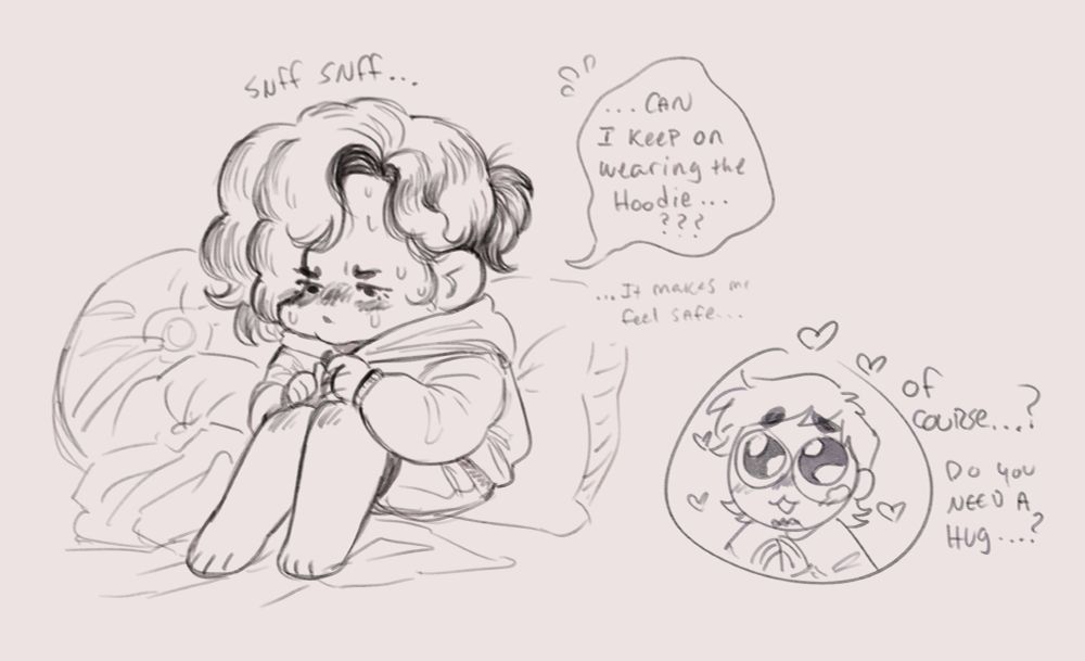 A small doodle of UFO's ocs being cute and shy/loving together.