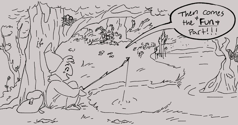 My gnomey sona sitting in a small scene under a tree, fishing with a little stick pole. The landscape around him is build from a lot of the shapes and foliage from the previous image, showing (very vaguely) one of the ways they can be combined. My sona is smiling and saying, "Then comes the *Fun* part!"