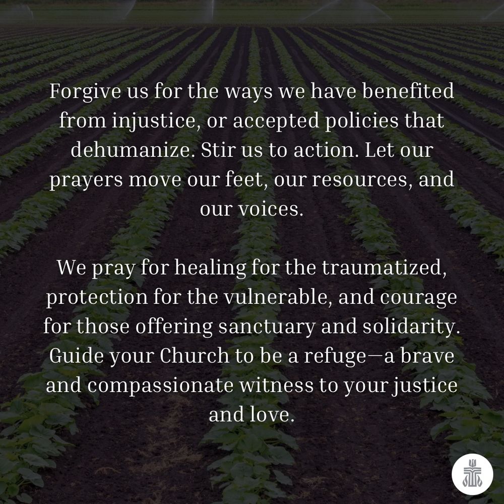 A prayer overlaid on a farm image. The prayer calls for action and the utilization of our resources to help those detained by ICE. It asks for the healing of the traumatized, protection for the vulnerable and courage for those offering solidarity. 