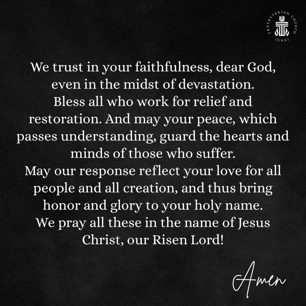 Prayer slide 3/3. Prayer emphasizes trust in God’s faithfulness even in the midst of devastation. It asks for prayer for relief workers. Prayer closes by calling on God’s peace. 