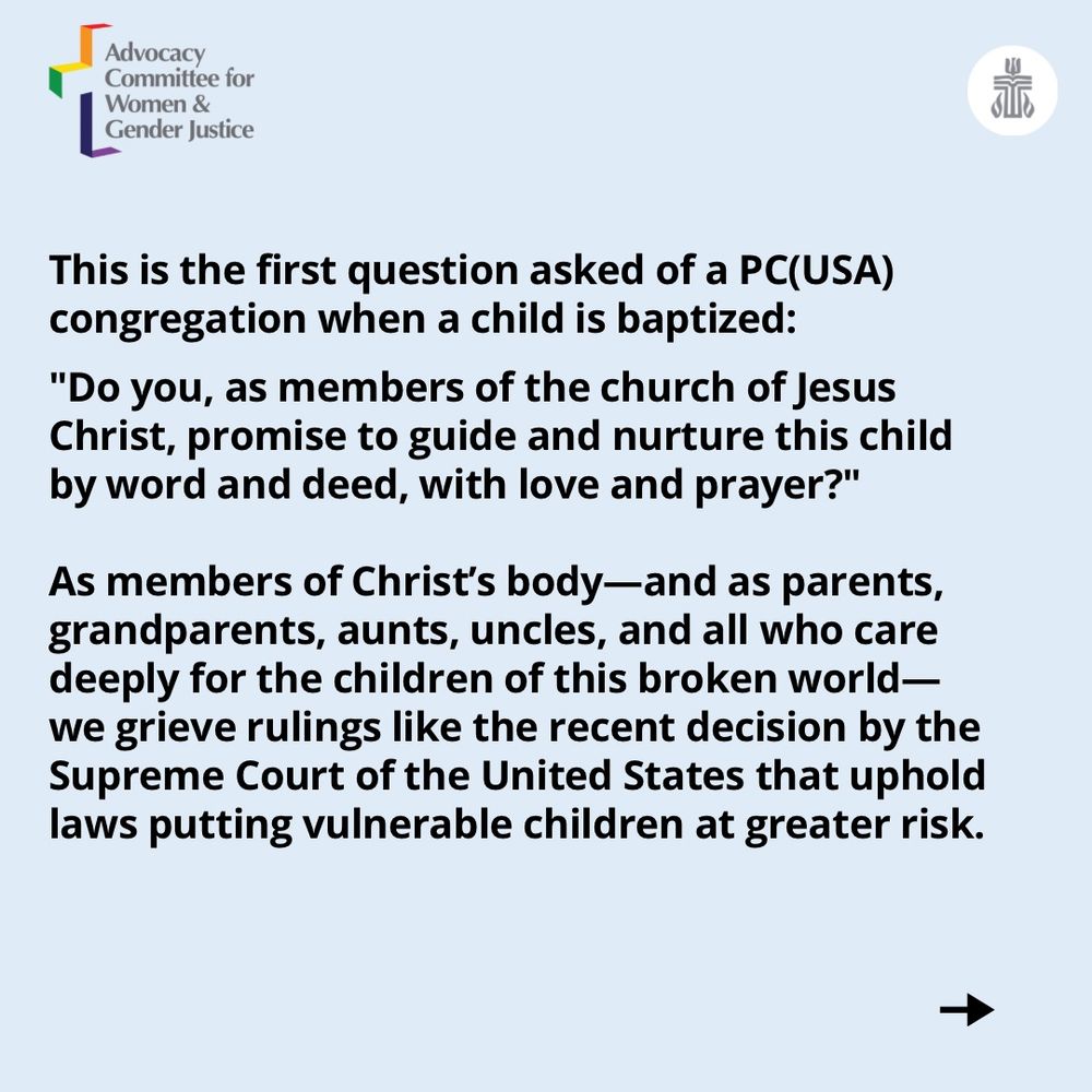 A light blue background. Text emphasizes the baptismal promise made to children to guide and nurture them with love and prayer. Logos for the PCUSA and the Advocacy Committee are in the top corners. 