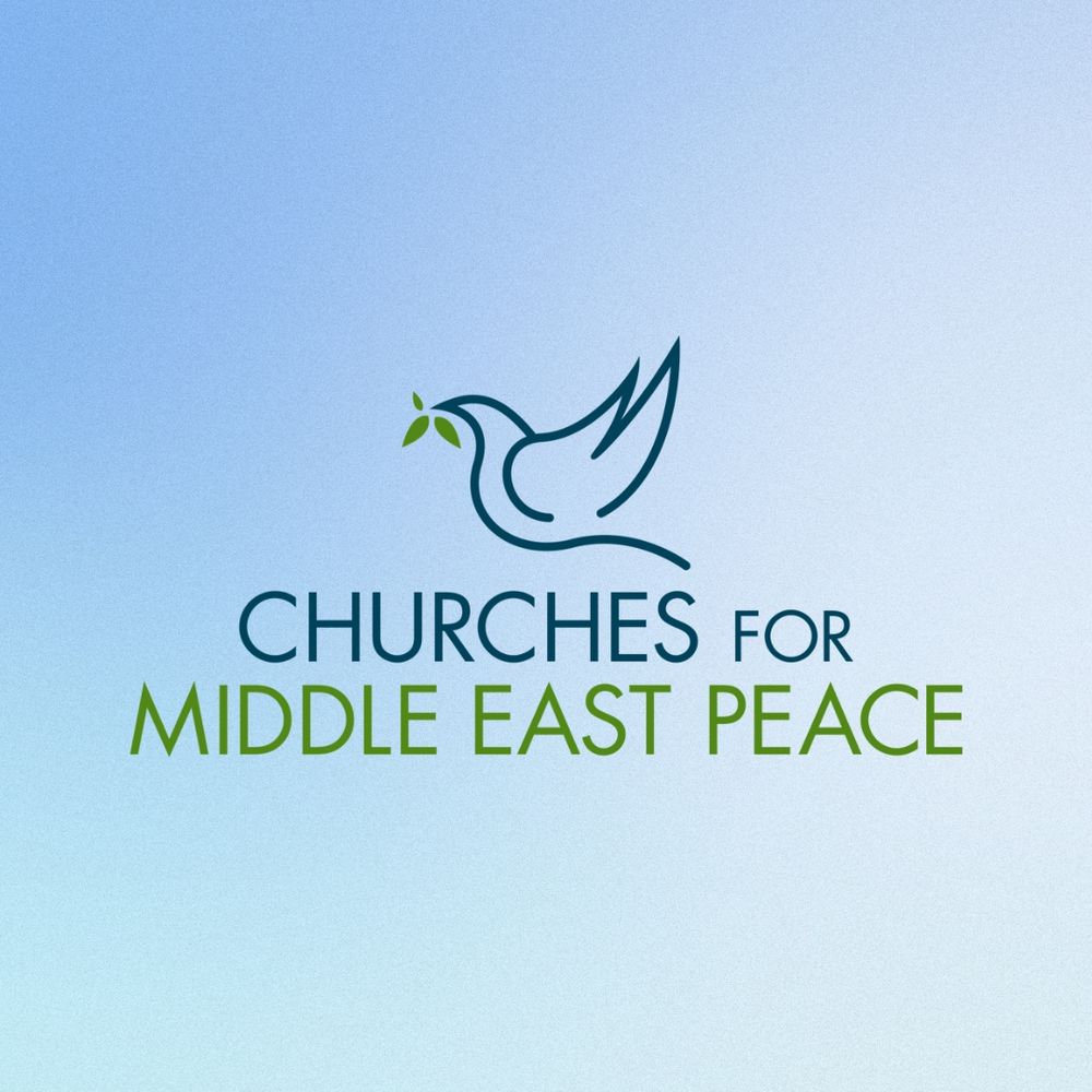 A light blue background with the Churches For Middle East Peace logo, featuring a dove holding an olive branch.