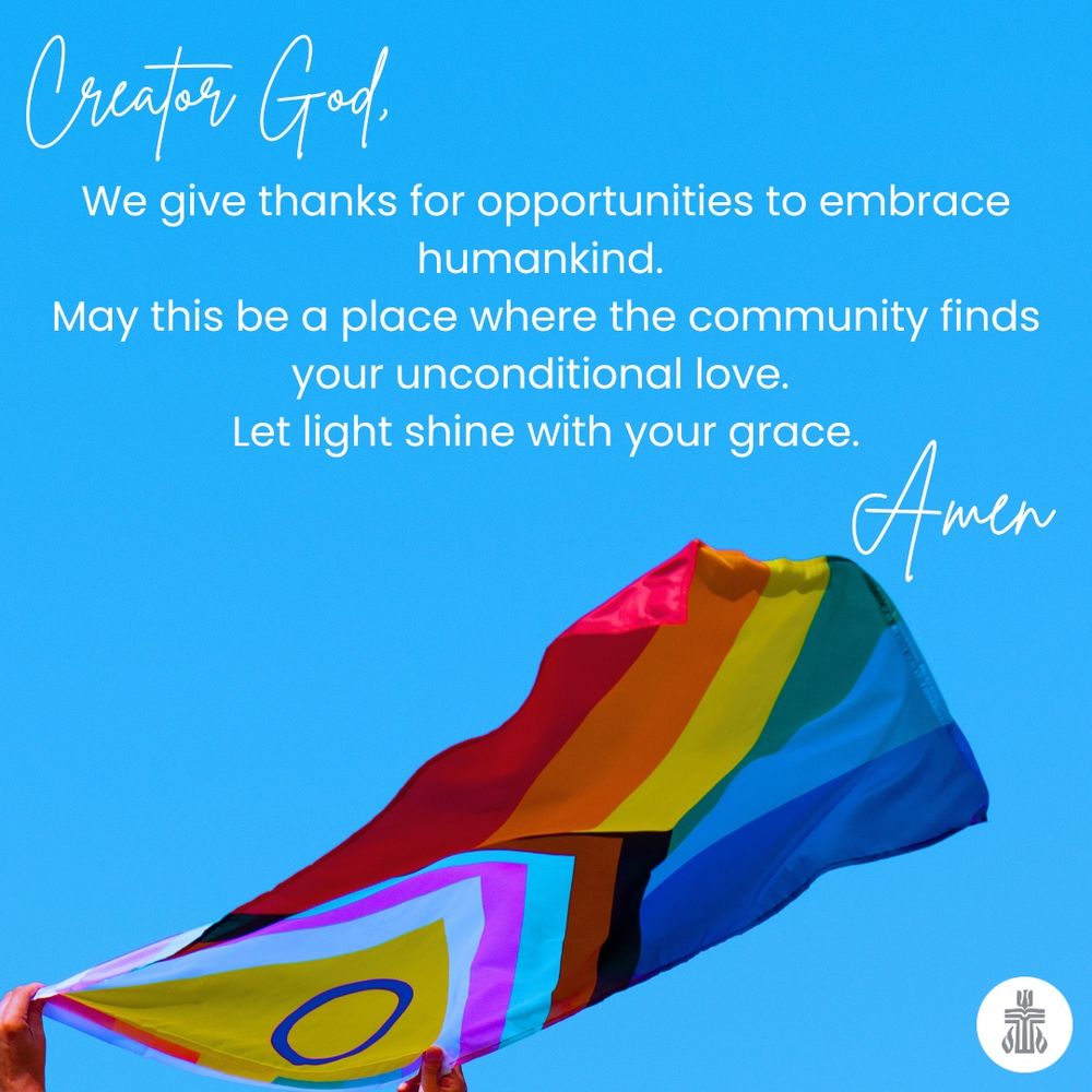 A Progress Pride waves in a bright blue sky. Overlay text offers a prayer of thanks for opportunities to embrace humankind and find community with God’s love.