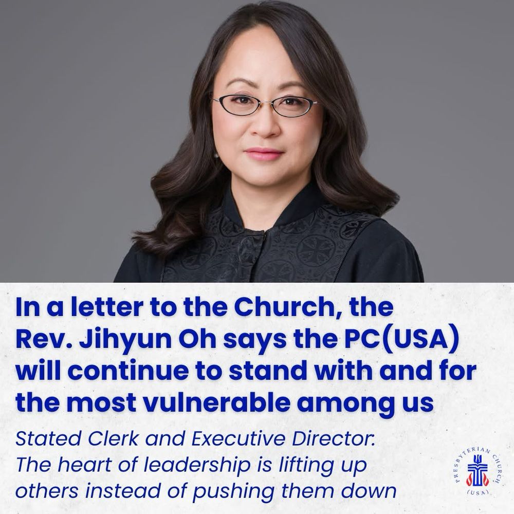 Portrait of the Rev. Jihyun Oh, with text about the PC(USA)’s support for the most vulnerable. Tone is serious and compassionate. 