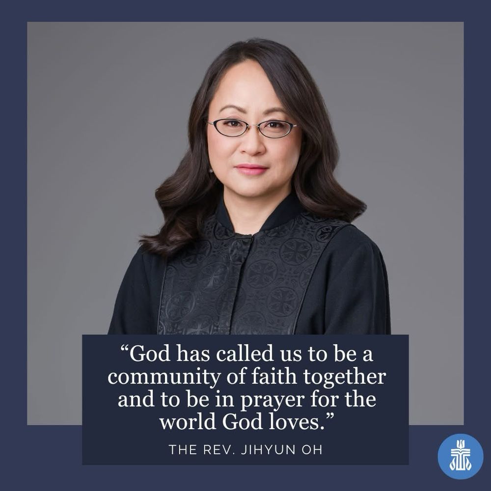 A photo of the Rev. Jihyun Oh. Overlay text is a quote from Oh: "God has called us to be a community of faith together and to be in prayer for the world God loves.”