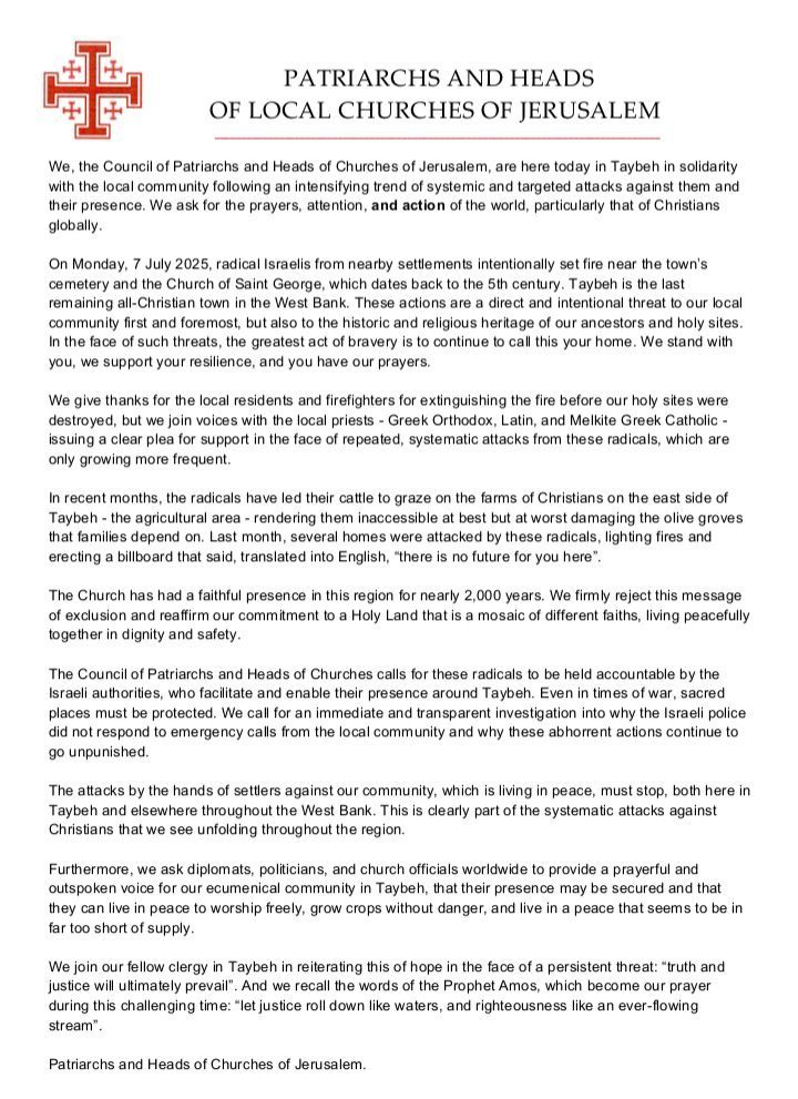 A letter issued by the Council of Patriarchs and Heads of Churches of Jerusalem addressing recent attacks in Taybeh.
