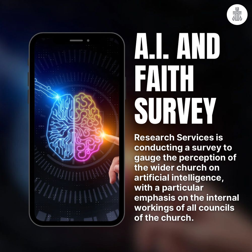 A smartphone displays a glowing, dual-colored brain diagram, symbolizing AI. Beside it, bold text reads "A.I. and Faith Survey," explaining a church survey on AI.