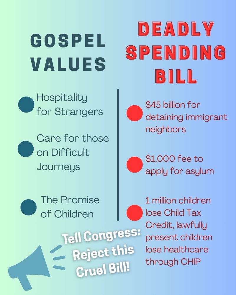 A split infographic contrasts "Gospel Values" with a "Deadly Spending Bill." Left side lists values: hospitality for strangers, care for those on difficult journeys, the promise of children. Right side criticizes the bill's costs and impacts. A megaphone icon urges Congress to reject the bill. Tone: urgent and critical.