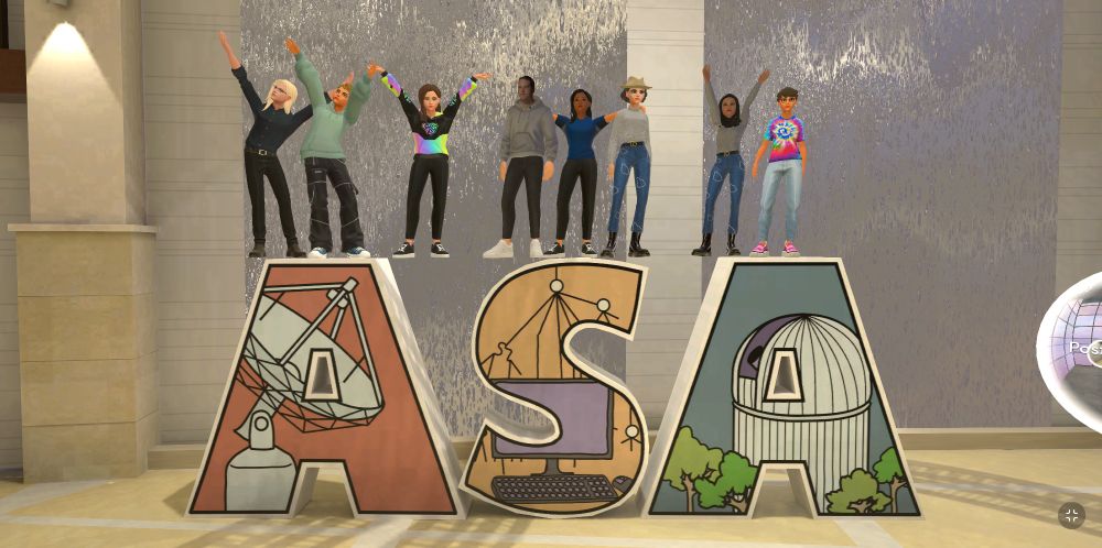 The TFOM team in avatar form posing in Spatial on top of the 3D ASA logo, designed by Emma Rehn and made into a 3D logo by Elizabeth Tasker. The logo considers of the letters A, S and A (for Astronomical Society of Australia), where the letters are decorated with artwork showing the ASKAP radio antenna, simulations of particle showers and the AAT 4m telescope. 