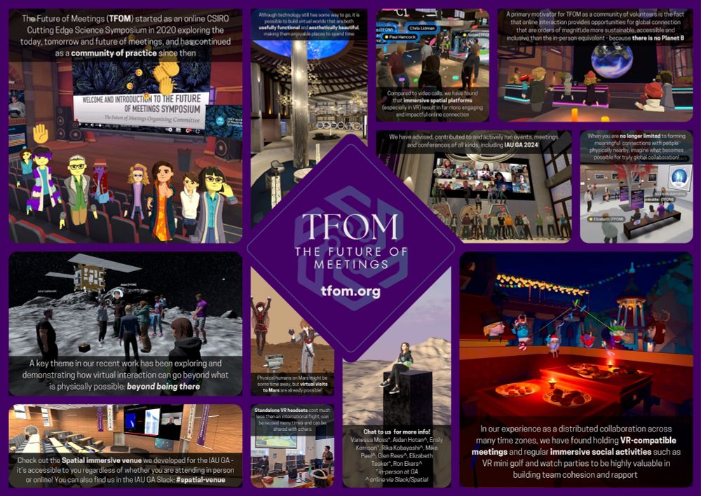 Poster on TFOM highlighting findings and current activities with colourful images of different groups in various online platforms, including AltspaceVR, Spatial, VR Chat and Walkabout Mini Golf.