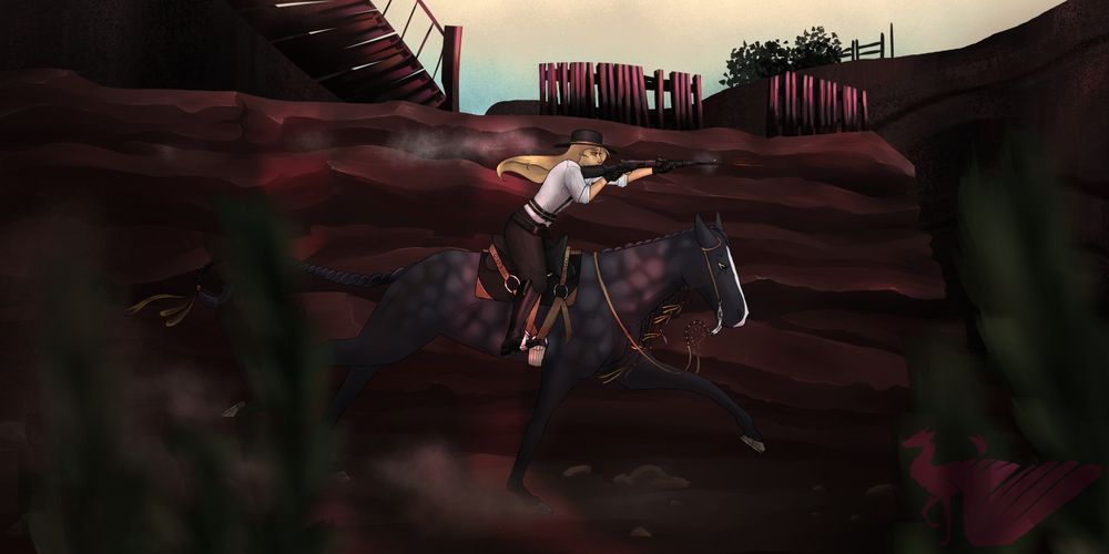 Image 1: A drawing with a wide painted background of a woman with long flowing hair riding a tall horse with a rifle in hand. The rifle has recently been fired. It seems as though she is riding fast, as plants in the foreground are blurry.