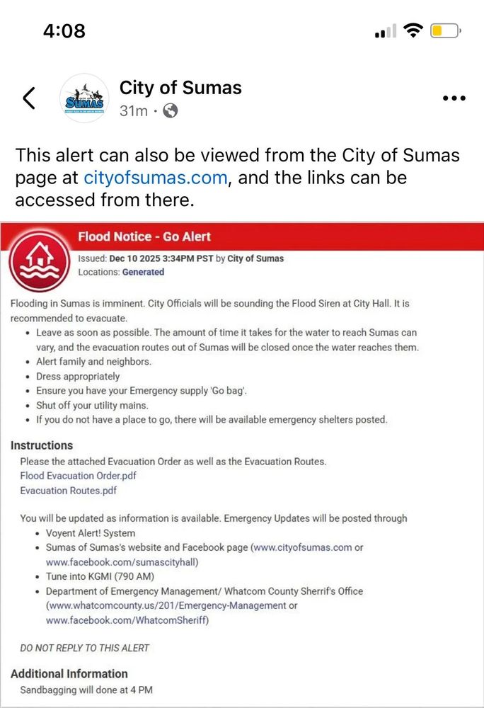 A post from the city of Sumas stating that flooding is imminent and the town has been instructed to evacuate.