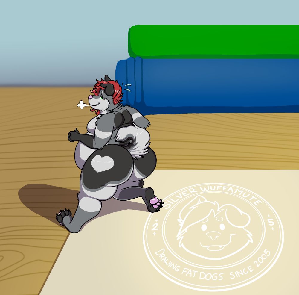 A drawing of a lil tiny Silverwuffamute guy jogging across a desk.