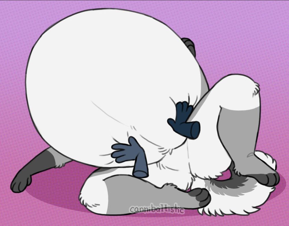 A drawing of a fat furry dog character with grey and white and dark grey markings.  The image is from him sitting down and his huge tummy is blocking out his upperbody from the viewer.  A small pair of hands is touching and playing with his massive tummy.