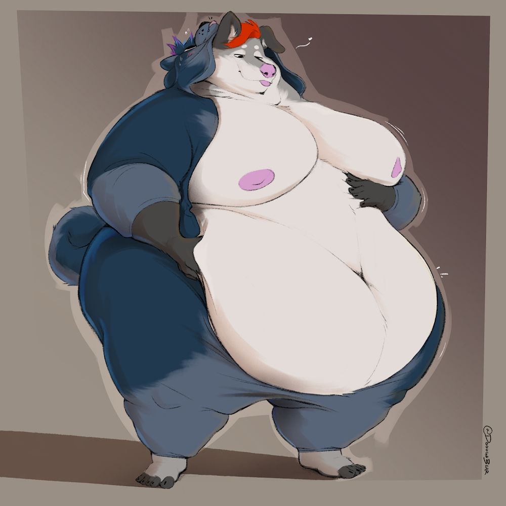 A drawing of a very very fat silver who is wearing a kumo kigurumi.  He has the front open and his belly and chest hanging out.