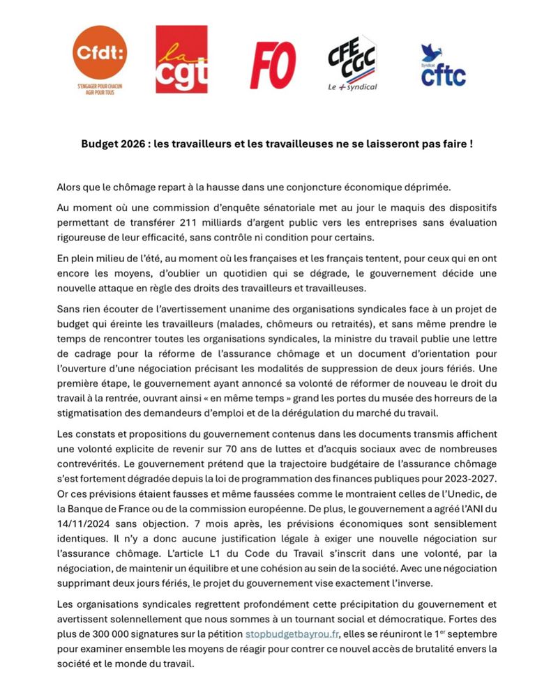 CP intersyndical : https://www.cgt.fr/sites/default/files/2025-08/CP%20intersyndical%209%20aoÃ»t.pdf