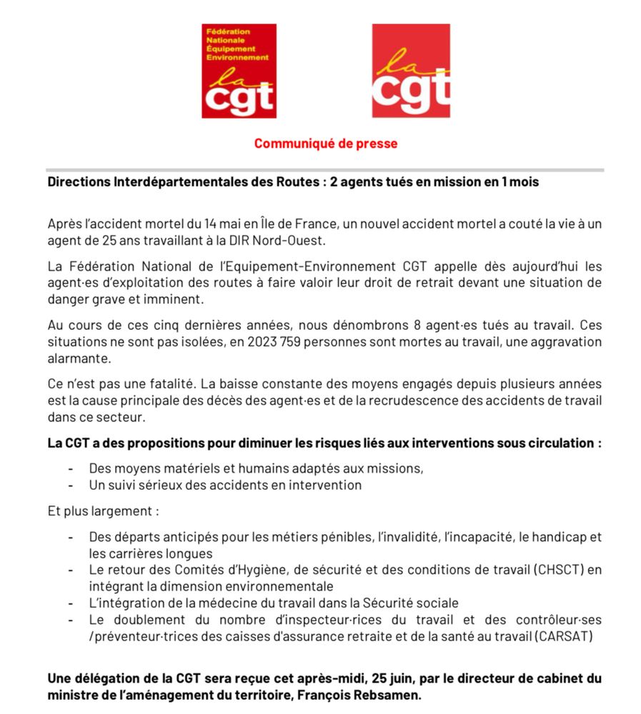 Communiqué de presse de la fédération nationale de l’équipement et de l’environnement