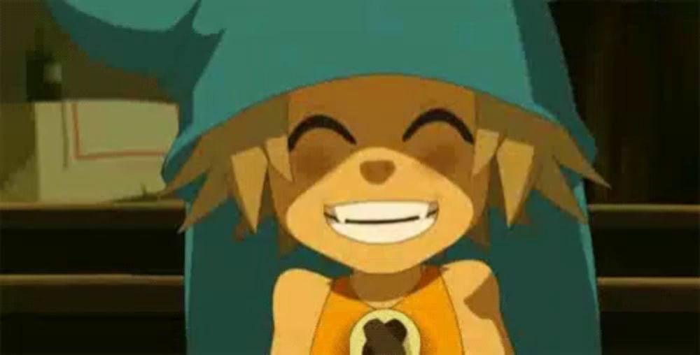 a close up of a cartoon character smiling with his eyes closed .