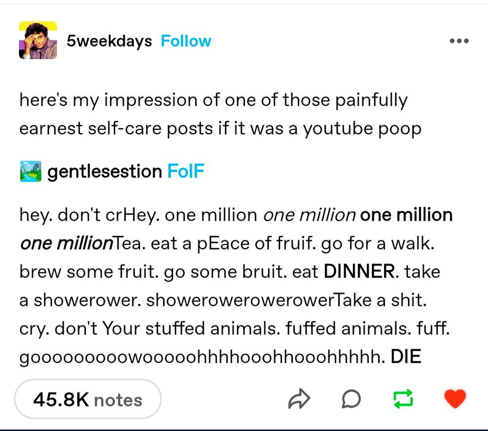A screenshot from Tumblr. User "5weekdays" says, "here's my impression of one of those painfully earnest self-care posts if it was a YouTube poop". 

A made-up user "gentlesestion" says, "hey. Don't crHey. One million one million one million one millionTea. Eat a peace of fruif. Go for a walk. Brew some fruit. Go some bruit. Eat DINNER. take a showerower. ShowerowerowerowerTake a shit. Cry. Don't Your stuffed animals. Fuffed animals. Fuff. Goooooooooowoooooohhhooohhooohhhh. DIE"