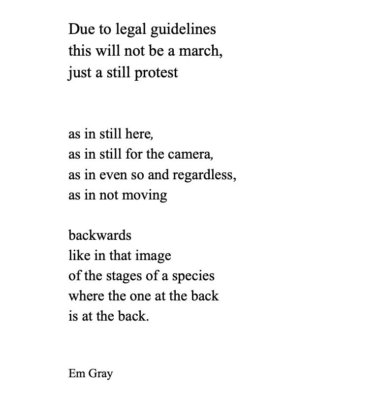 Poem by Em Gray titled 'Due to legal guidelines this will not be a march, 
just a still protest' that follows on from the title, and reads:

as in still here,
as in still for the camera,
as in even so and regardless, 
as in not moving 

backwards 
like in that image 
of the stages of a species 
where the one at the back 
is at the back.

