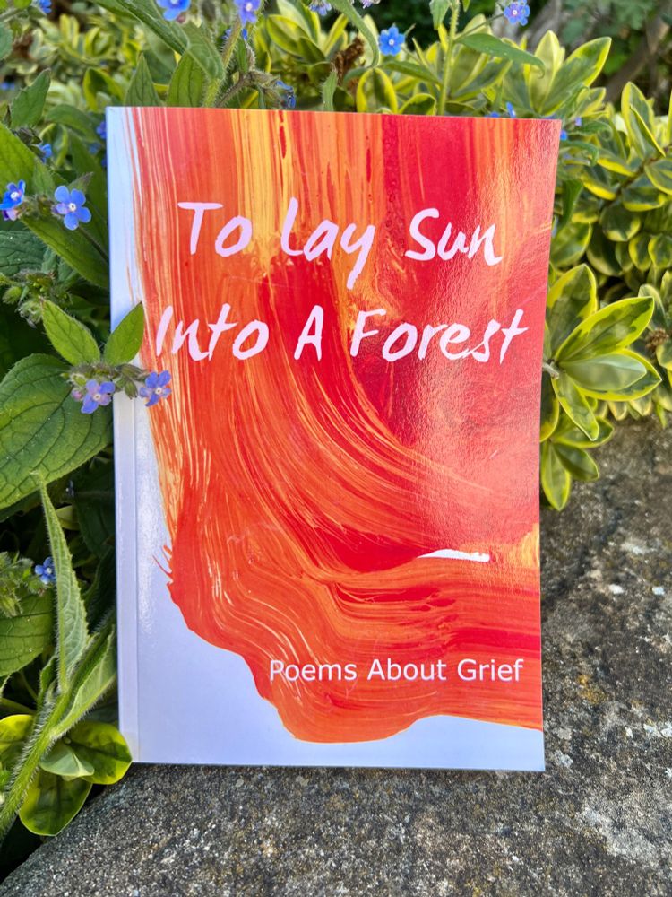 Photo of anthology 'To Lay Sun Into A Forest', propped on old stone wall and leaning against leaves and small blue flowers. 

Cover of To Lay Sun Into A Forest- Poems About Grief by Sídhe Press. On the left there is a quote : The wide-ranging community of poets chart grief across a galaxyof stars, lands, and the oceans, through the shivering leaves oftrees, to the heartbeats of loved ones, their losses are encapsulatedin words that stay with us, long after we close the book.
Teresa Pilgrim, academic, creative practitioner, activist, survivor
On the right, there is a swirl of a painting, red, yellow, orange, you can see the brushstrokes. On it is the title in a handwriting font.