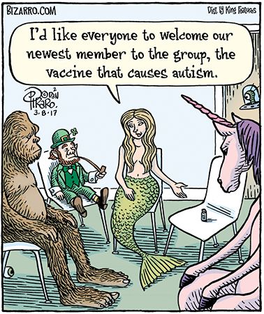 Comic of a support group consisting of Bigfoot, a leprechaun, a mermaid, and a pink unicorn. On a chair next to the mermaid is a small vile of syrem. She points to it and says, "I'd like everyone to welcome our newest member to the group, the vaccine that causes autism."