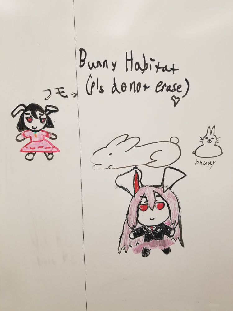 A group of four bunny and bunny-adjacent drawings are situated on a whiteboard.
Two of the drawings are of Fumos, marketable plushies based on characters from the Touhou Project franchise. These Fumos are based on Tewi and Reisen, who are both rabbit youkai. These two drawings were made by me.
There are also two normal rabbits, drawn in a minimalistic style. I don't know who made them.
Text in the middle reads "Bunny Habbitat (pls don't erase) ❤"
The rightmost rabbit has the word "bnuuy [sic]" written underneath.
The Tewi fumo, the leftmost drawing, has japanese text reading 「フモッ」("Fumo-") written near its head.