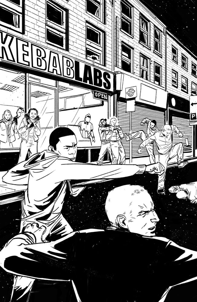 black and white splash page. A group of youths fighting in the street.