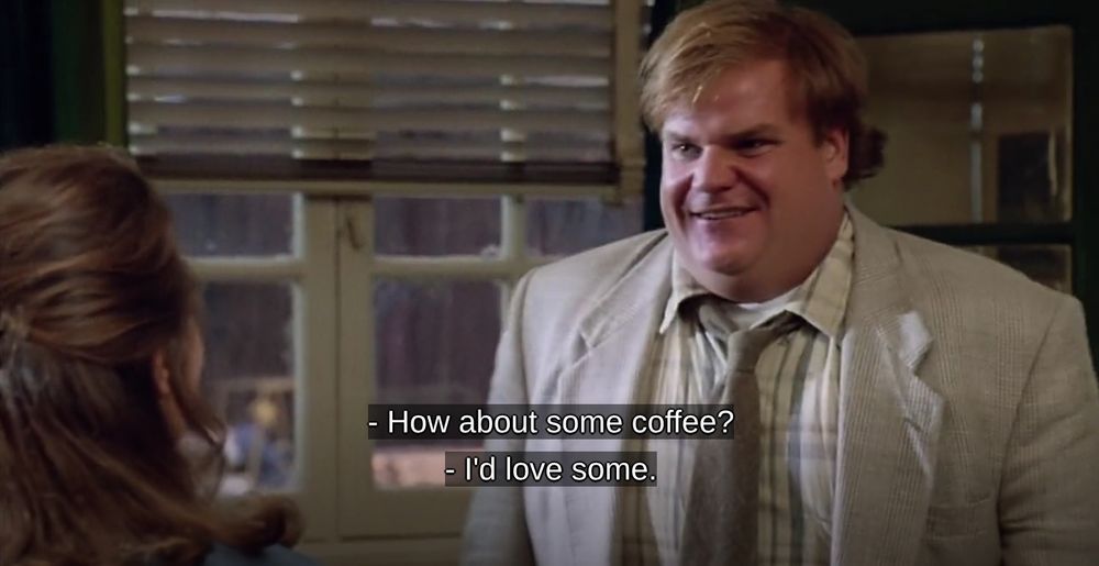 Here's Tommy's face, also. Btw, I could totally see being JUST as into what Chris Farley is bringing as Tommy, and it's not like I'm not into dudes (mostly just awful ones, I guess? My man-picker is REAL bad), but I really only have eyes for Michelle Brock. I guess that's my monogamous wiring I can't shake. I'm NOT poly; though I can and do fall in love with anyone/everyone, it's serially, only one at a time. That's not better or worse! It just is! 