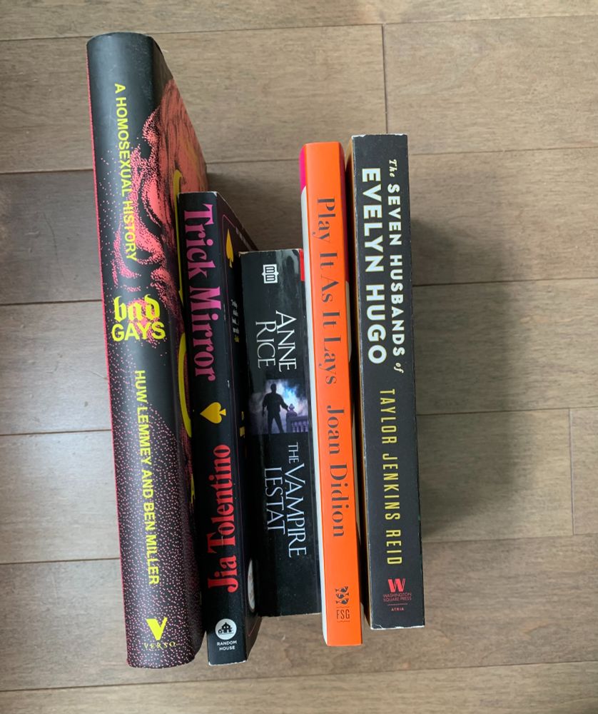 Five books arranged vertically on a wooden floor. Titles include Bad Gays by Huw Lemmey and Ben Miller, Trick Mirror by Jia Tolentino, The Vampire Lestat by Anne Rice, Play It As It Lays by Joan Didion, and The Seven Husbands of Evelyn Hugo by Taylor Jenkins Reid.