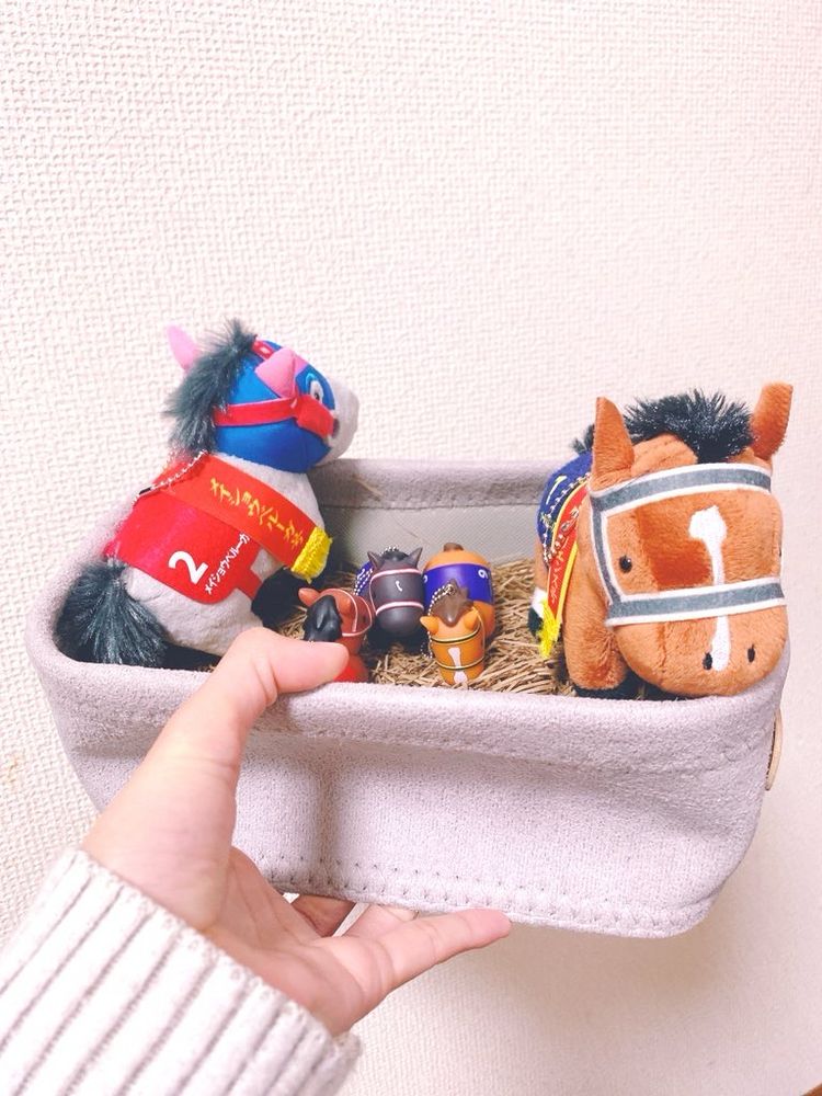 百均のスウェード調小物入れを使って作ったミニサラブレッドコレクションぬいの馬房。メイショウベルーガ、ソールオリエンス、ジャックドール、コントレイル、パンサラッサ入り