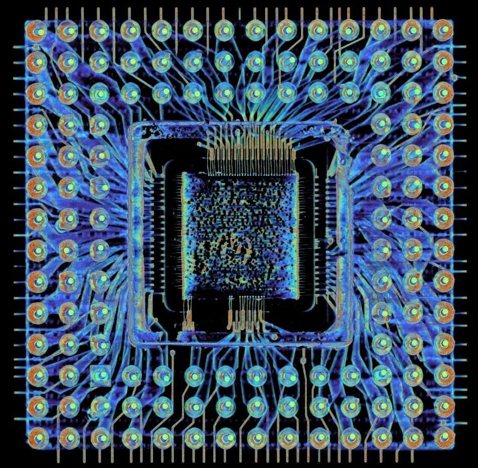 An X-ray scan of the 386 chip. It shows a square with a grid of 132 pins. In the middle is a square, the silicon die. Blue wires connect the pins to the chip. Spikes stick out all around the perimeter of the package.