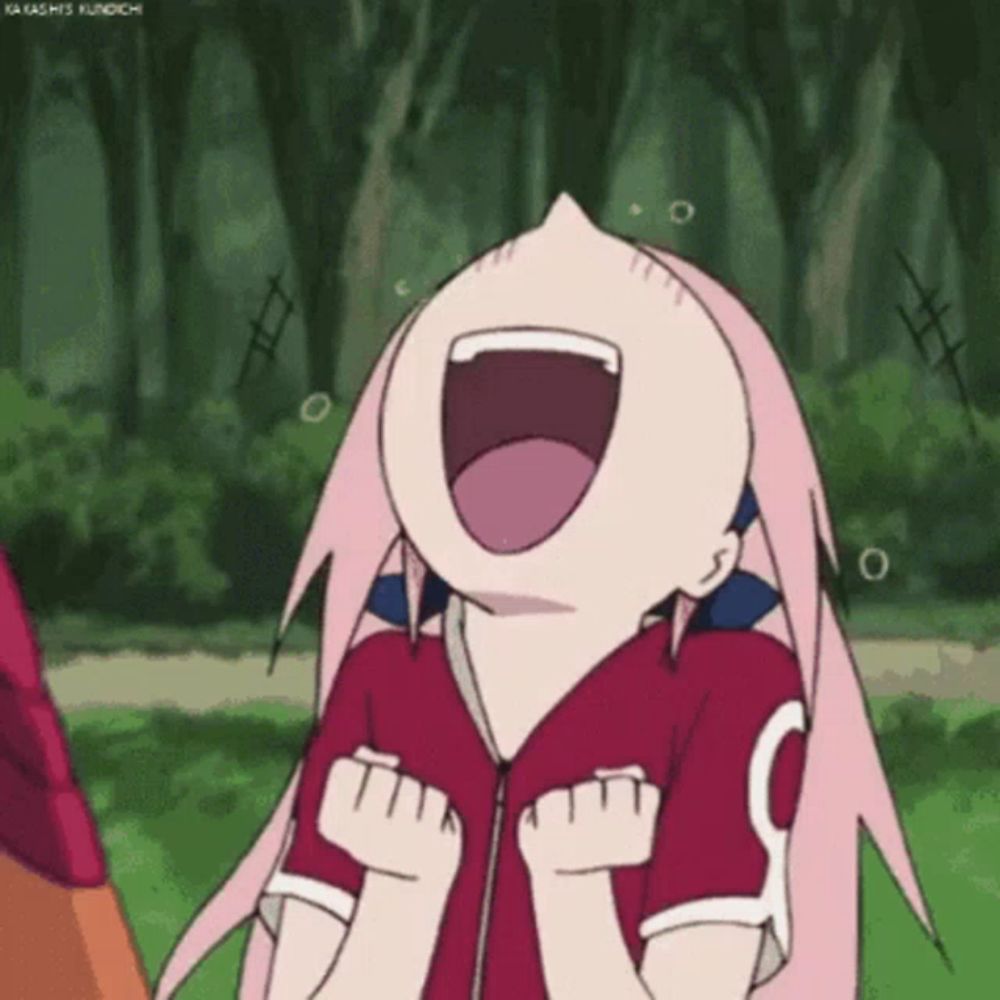 a cartoon girl with pink hair is laughing with her mouth wide open .