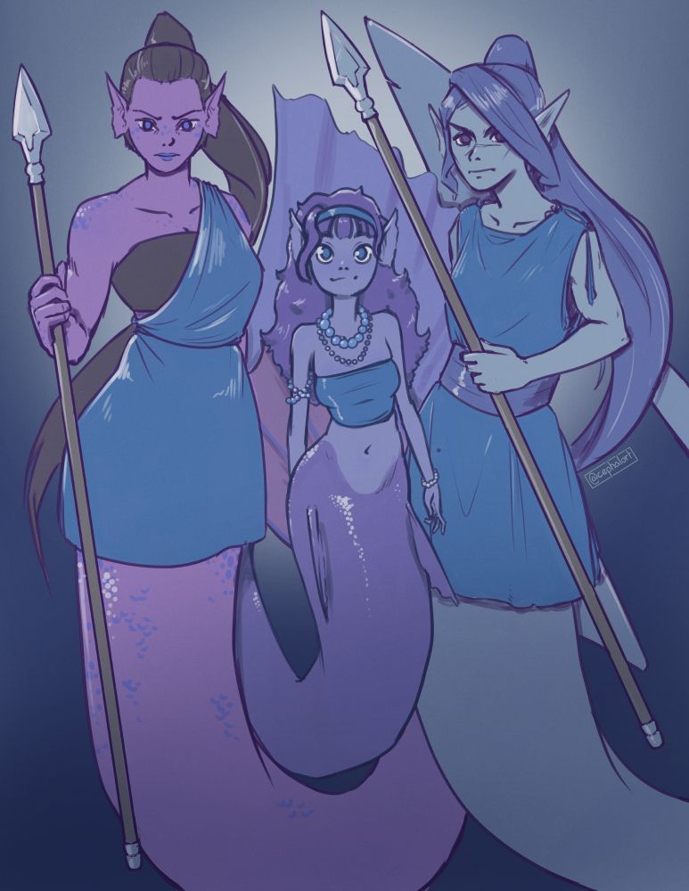 A drawing of three mermaids, two larger with hair tied back brandishing spears, and a small, wide-eyed, bushy-haired one between them. The guards look directly at the viewer with intense focus. The smaller wears lots of shiny beads.