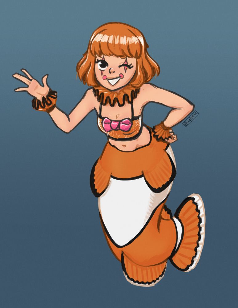 A drawing of a mermaid girl in simple clown makeup with a ruffled collar and cuffs. She leans forward with at big smile and wink. Her lower half is, predictably, a clownfish.