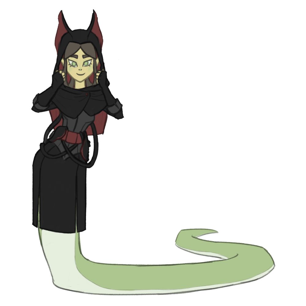 A sketch of Cala the snake woman showing off a set of black leather armor. It is made from and modeled after a displacer beast from D&D, with the feelers draped around and  tucked into her belt and cat-like ears on her hooded capelet.