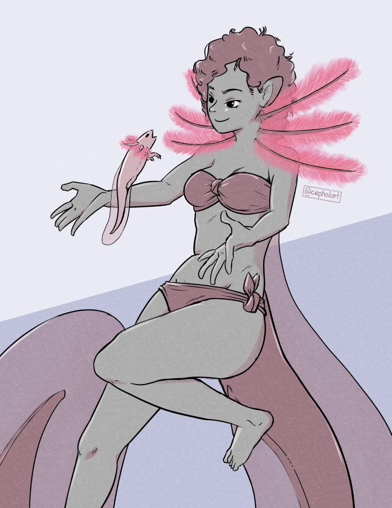 A drawing of a woman in a tied bikini with curly hair and huge aolotl frills, fin, and tail. Her arms are held out in casual invitation, and a little pink axolotl floats in front of her. She looks at it with gentle smile.