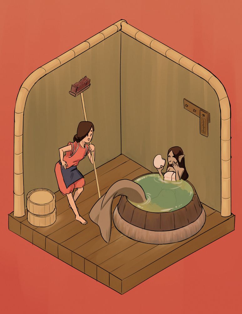 A drawing of a little isometric diorama of a room in the bath house from Spirited Away. A mermaid lounges in a small tub with a giant sweet dumpling while chatting with a bath attendant. In an attempt to emulate Studio Ghibli styles, the background is painted with a watercolor brush while the characters are more cell-shaded.