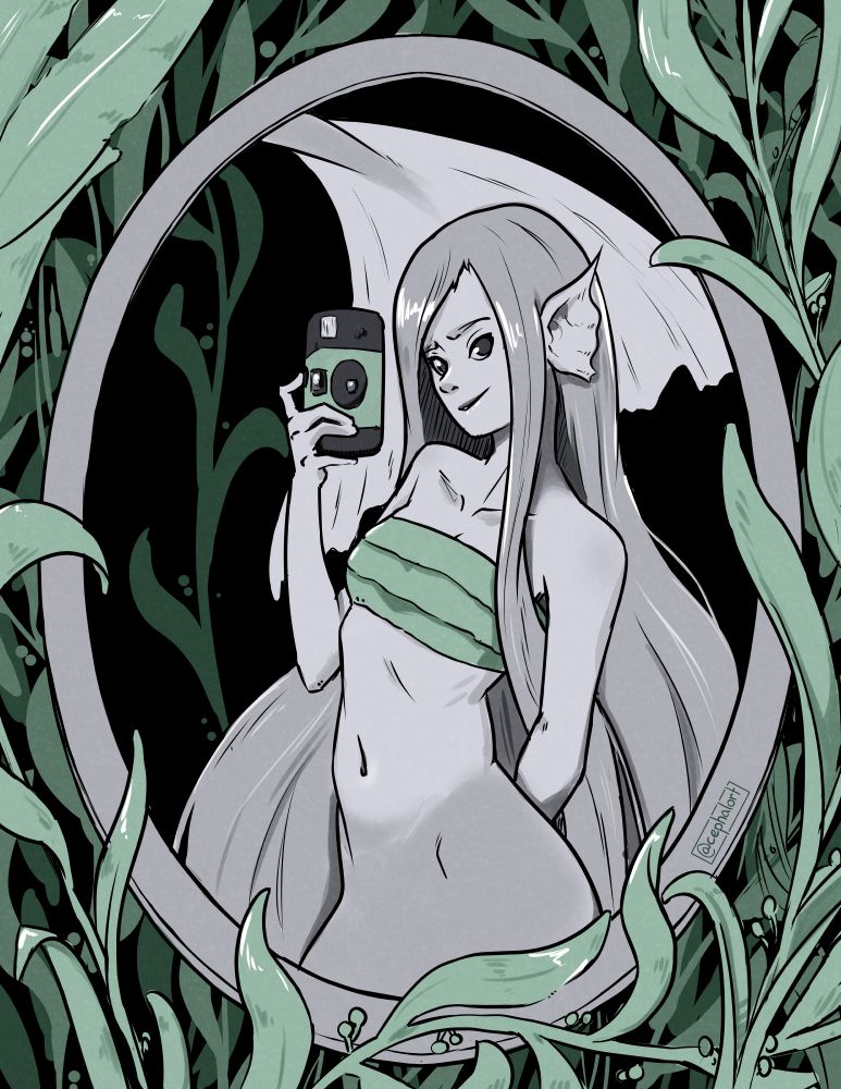 A monochromatic drawing of a mermaid taking a mirror selfie with an old disposable camera and a large elliptical mirror. She has long flowing hair and a coy look on her face. Green seaweed nestles the mirror and fills the space around the frame.