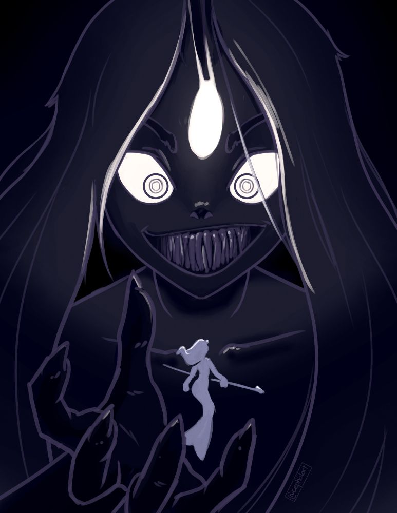A drawing of a giant angler-fish-woman with glowing crazed eyes and a wide grin full of crooked, needle-like teeth. She holds up a clawed hand beneath the silhouette of a much smaller, more typical mermaid carrying a spear.
