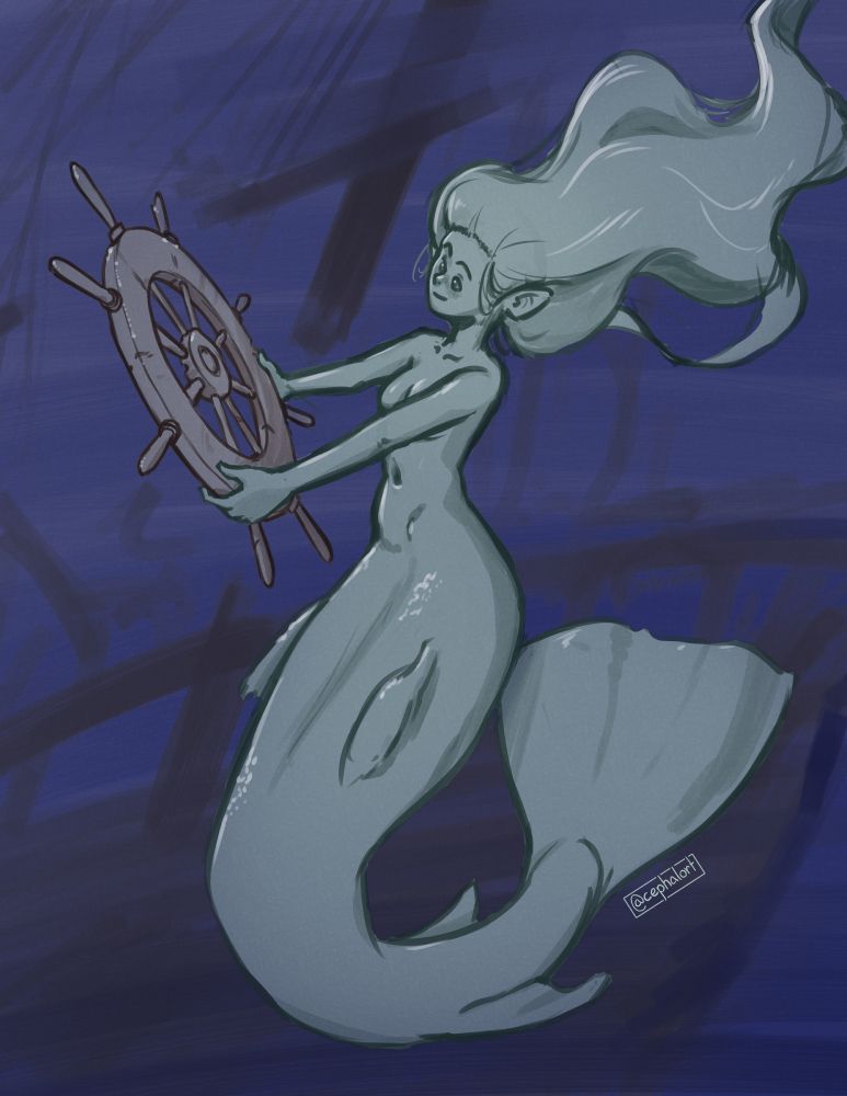 A flat, sketchy drawing of a mermaid holding out a worn ship's wheel and admiring it. A dark silhouette of a shipwreck sprawls into the depths behind her.