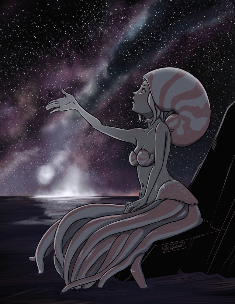 A dark drawing of a nautilus mermaid sitting on a rock. The Milky Way and countless stars reach through the background, reflecting on the ocean below. The mermaid reaches one arm out in front of her, basking in the light of the stars.
