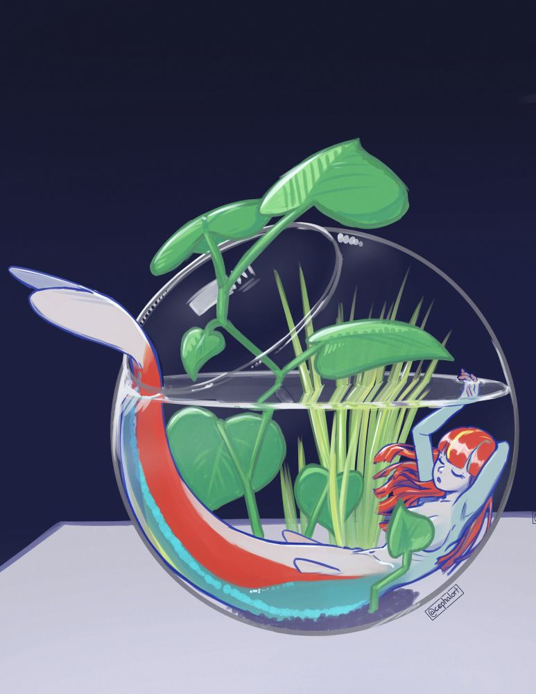 A drawing of a small neon tetra mermaid napping in a round fishbowl. The fingers of one arm peek up above the water line, her tail hangs out of the bowl's opening. Aquariam plants fill the empty space of the bowl, and provide the mermaid a modicum of modesty.